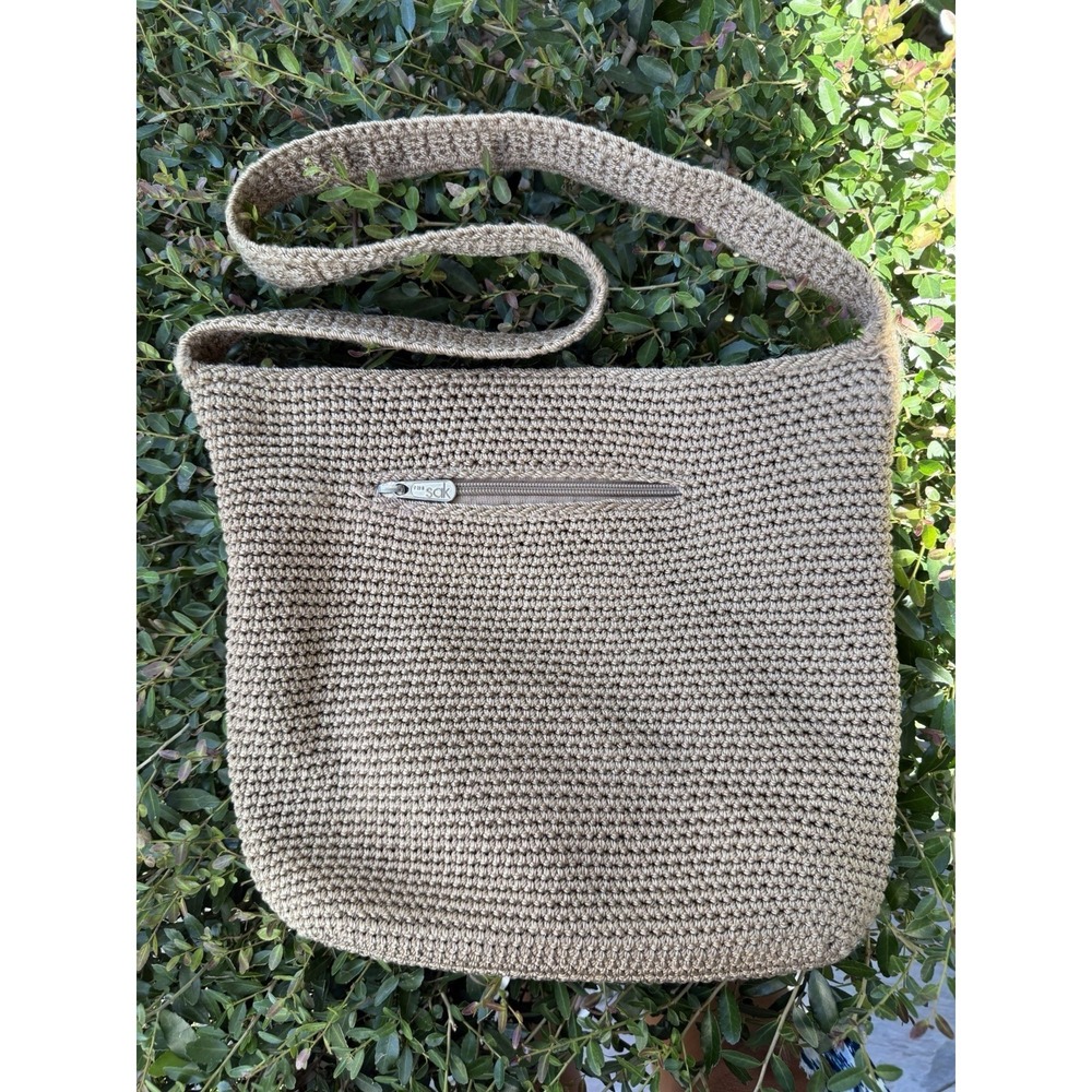 The Sak Crochet Shoulder Bag Medium Tan Beige‎ Zip Crossbody Handbag